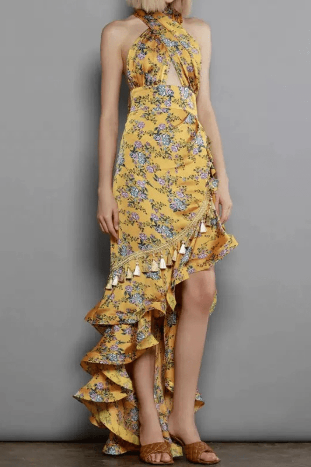 Tiffany Yellow Floral Halter Neck Ruffle Maxi Dress Avalabel