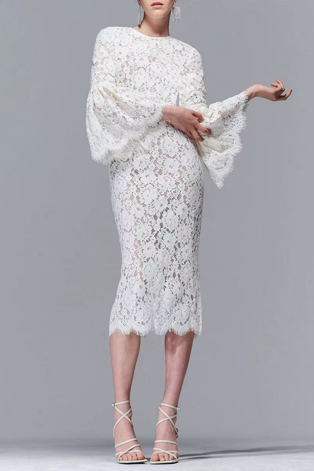 Olivia Elegant White Lace Midi Dress with Flare Sleeves Avalabel