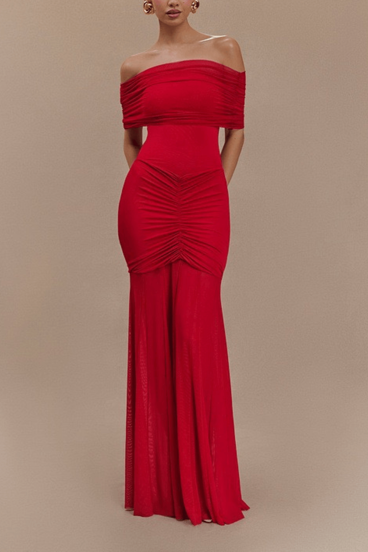Eden Off Shoulder Ruched Mermaid Maxi Dress Avalabel