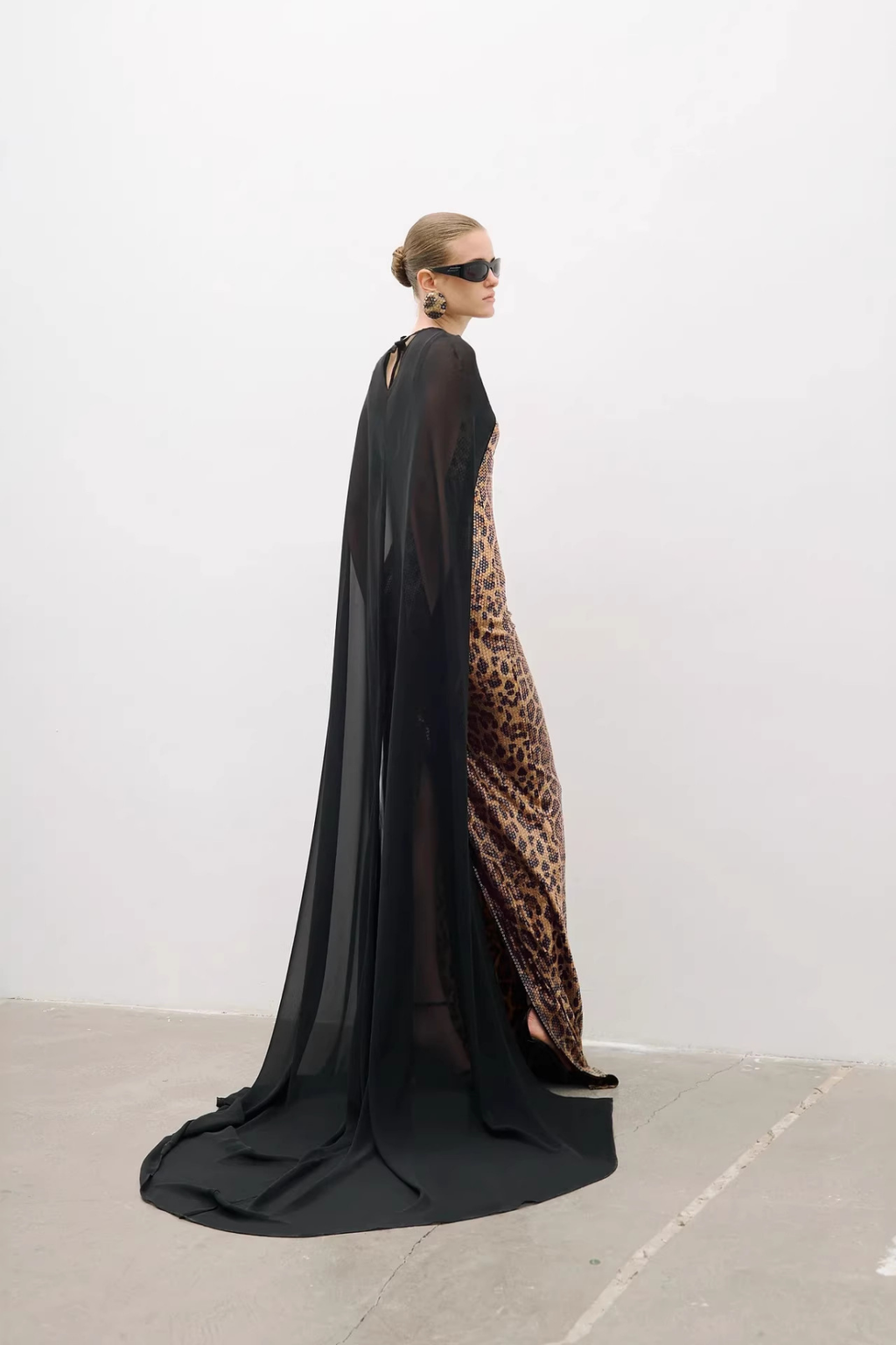 Olivia Leopard Print Sequin Gown with Black Sheer Cape Avalabel
