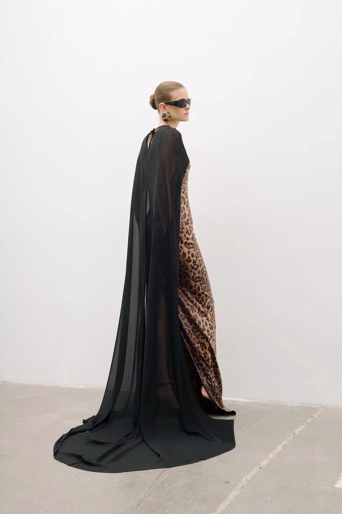Olivia Leopard Print Sequin Gown with Black Sheer Cape Avalabel