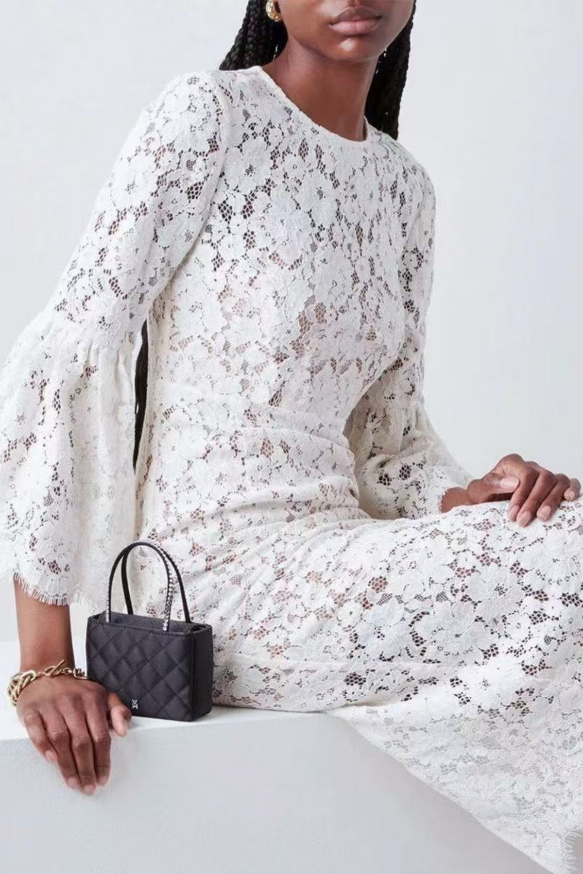 Olivia Elegant White Lace Midi Dress with Flare Sleeves Avalabel