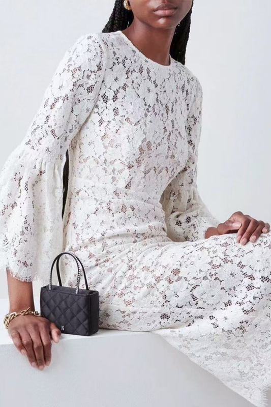 Olivia Elegant White Lace Midi Dress with Flare Sleeves