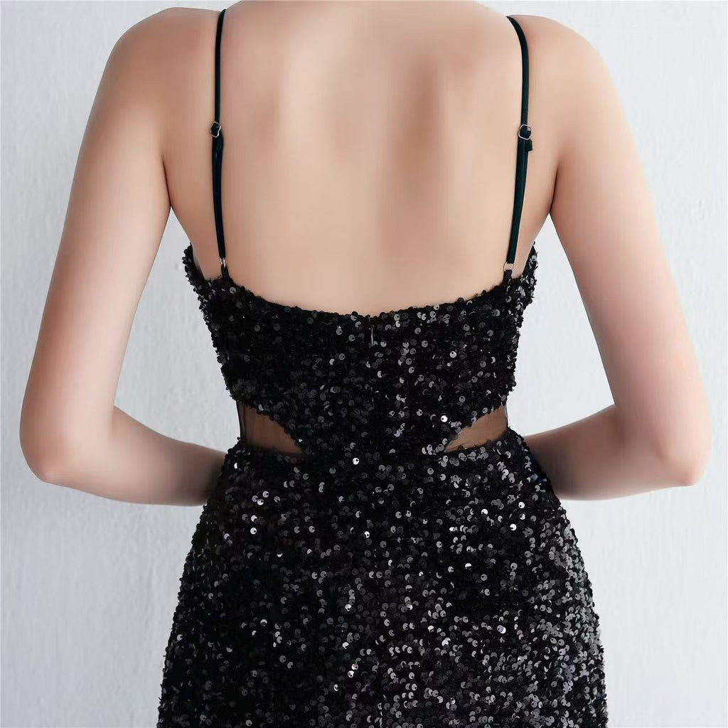 MARIAN BLACK CUTOUT SEQUINS HALTER MAXI DRESS Avalabel