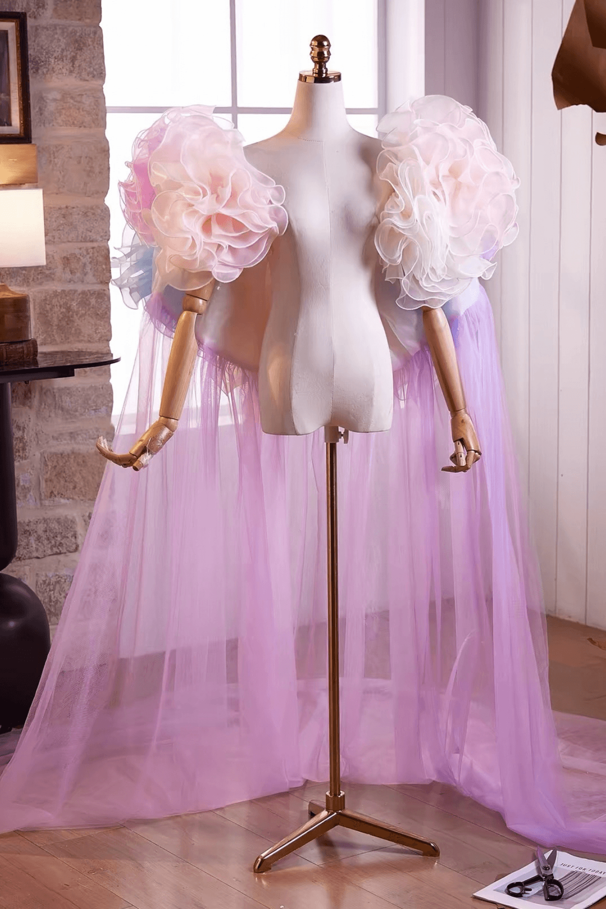 Pastel Ruffled Floral Tulle Shawl Avalabel