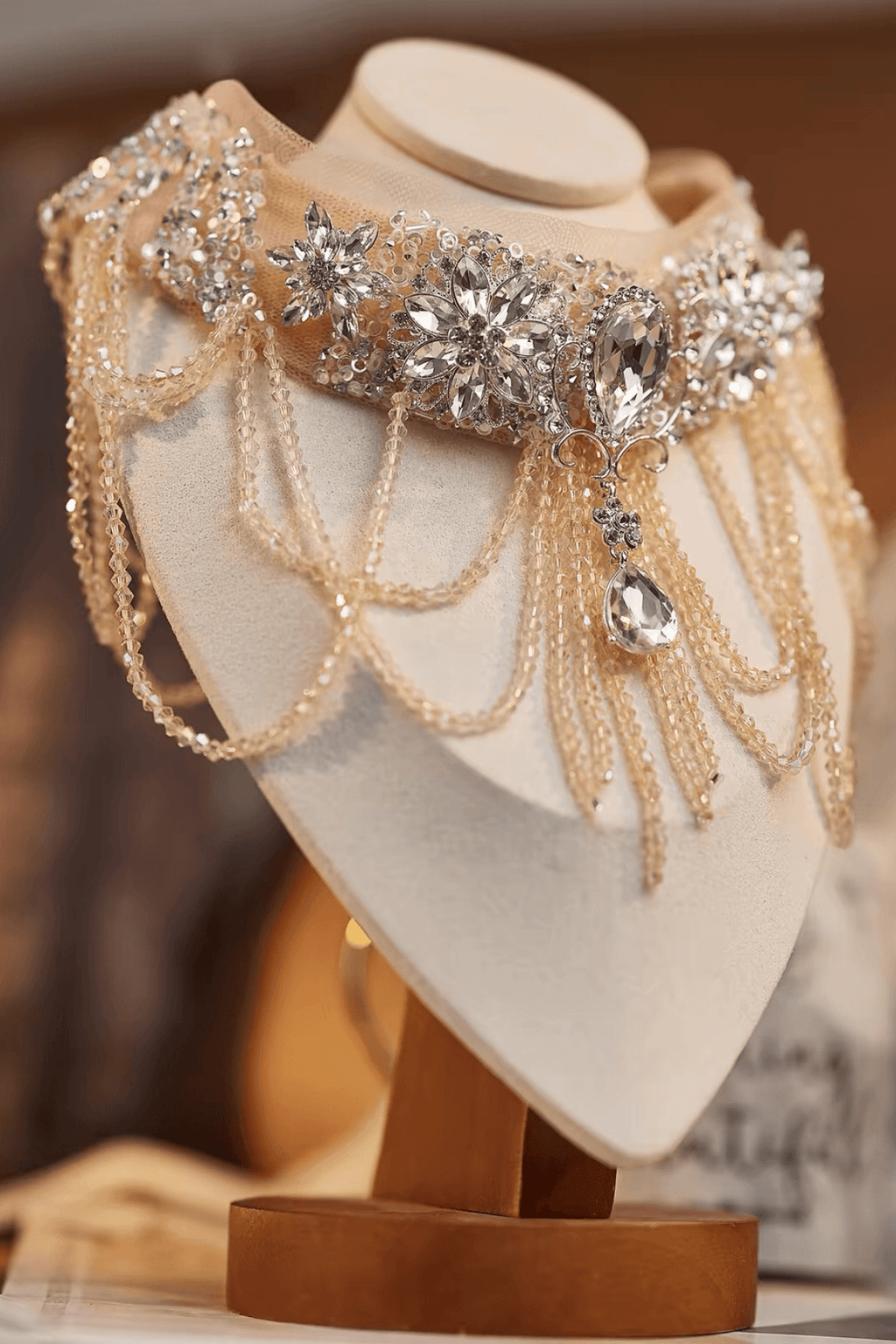Champagne Floral Crystal Long Fringe Choker Necklace Avalabel