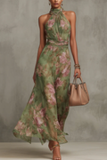 Polly Green Floral Chiffon Halter Maxi Dress Avalabel