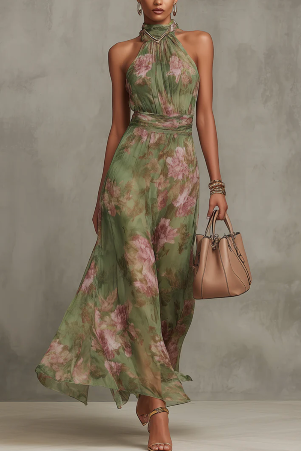 Polly Green Floral Chiffon Halter Maxi Dress Avalabel