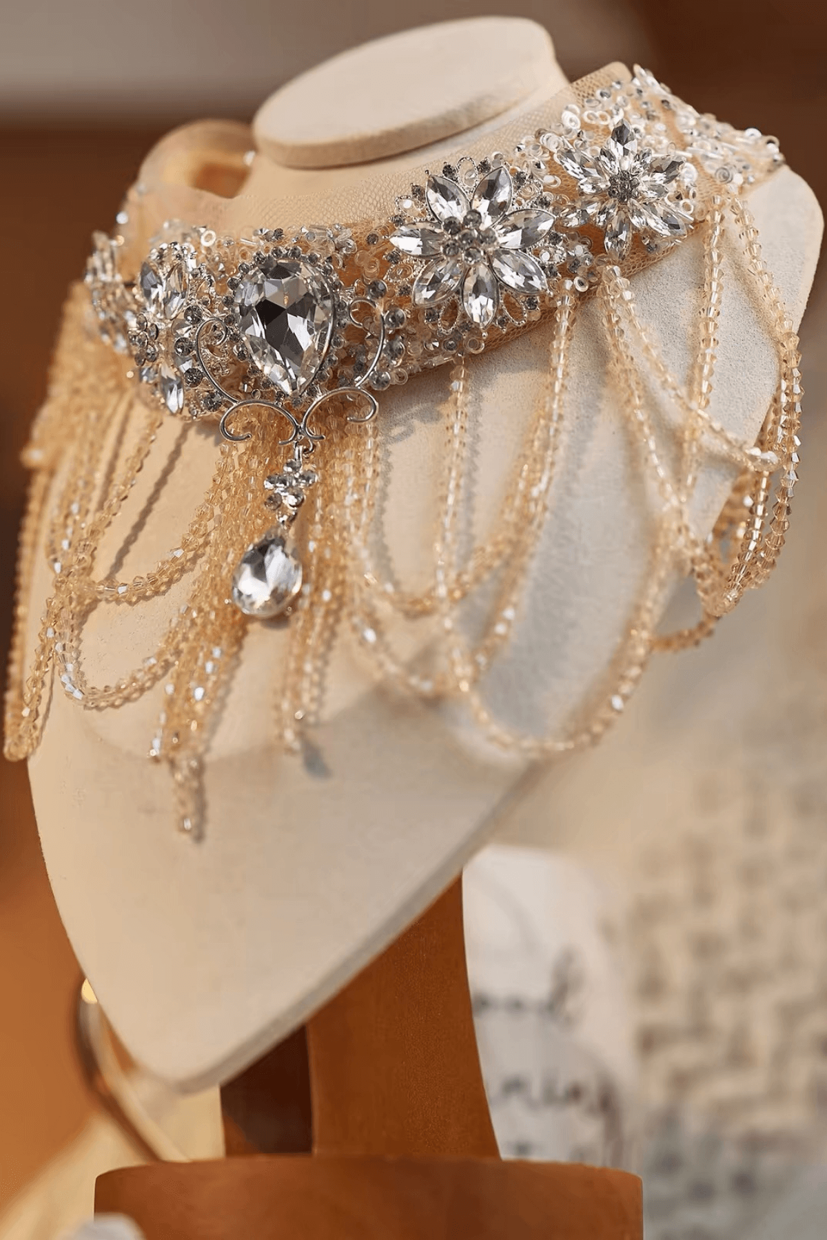 Champagne Floral Crystal Long Fringe Choker Necklace Avalabel