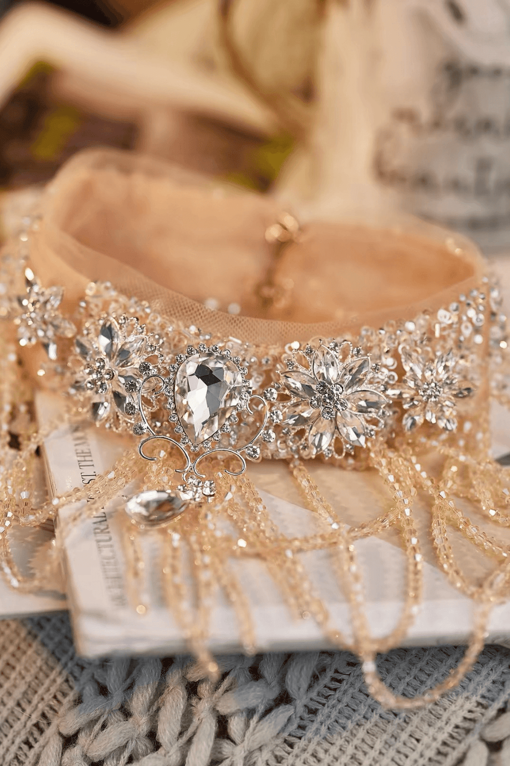 Champagne Floral Crystal Long Fringe Choker Necklace Avalabel