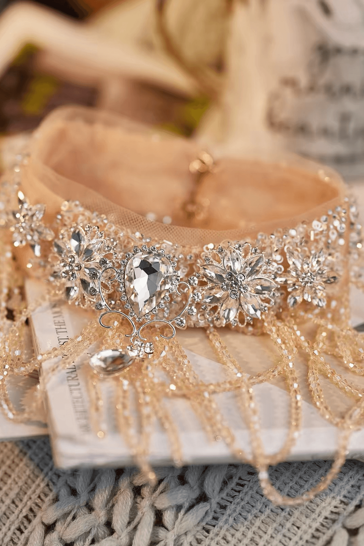 Champagne Floral Crystal Long Fringe Choker Necklace Avalabel