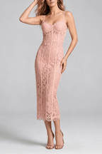 Ruby Pink Spaghetti Strap Lace Midi Dress Avalabel
