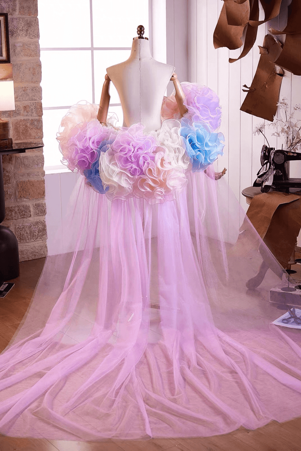 Pastel Ruffled Floral Tulle Shawl Avalabel