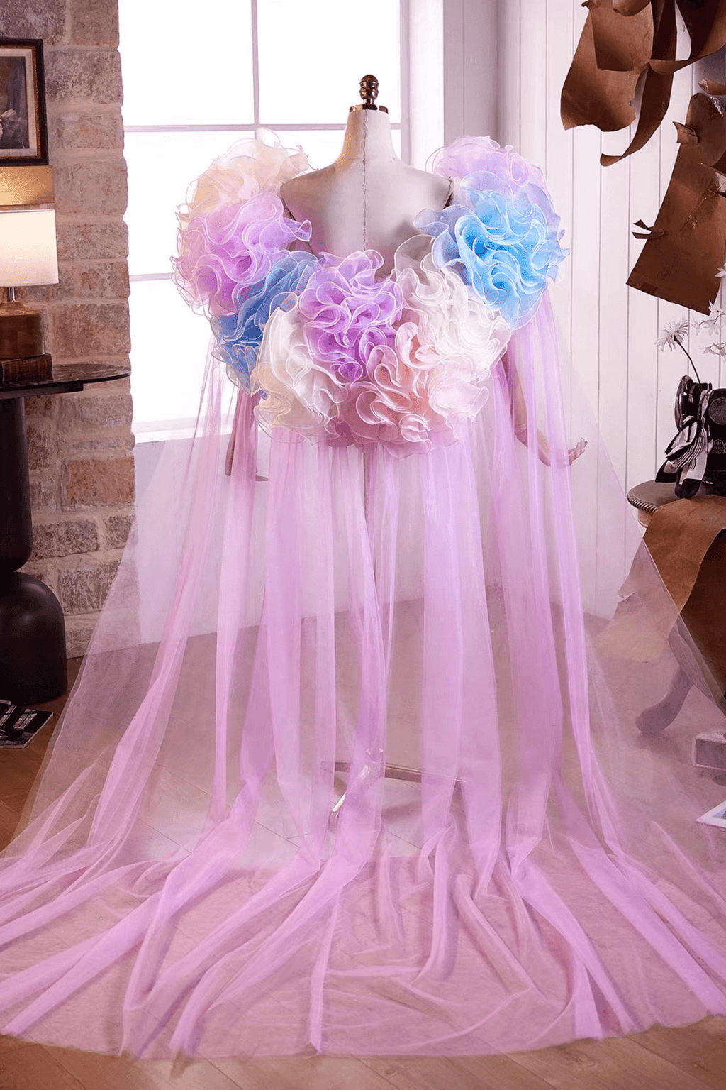 Pastel Ruffled Floral Tulle Shawl Avalabel