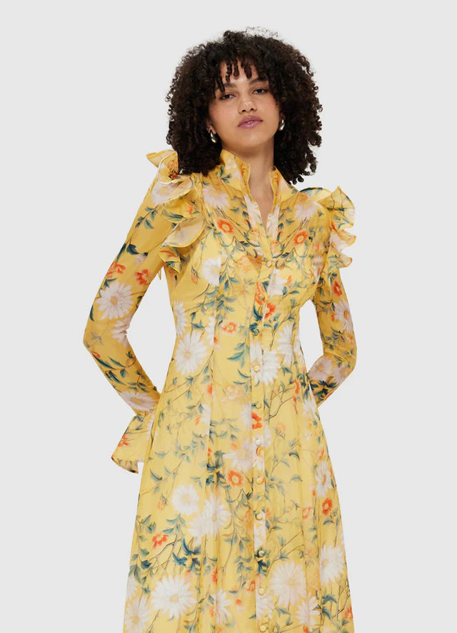 Daisy Print Butterfly Sleeve Midi Dress in yellow poava