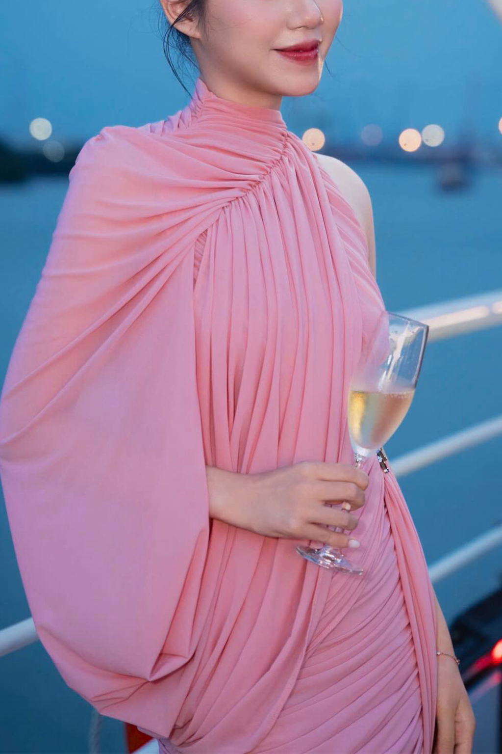 Serena One Shoulder Draped Pink Mesh Ruched Mini Dress Avalabel