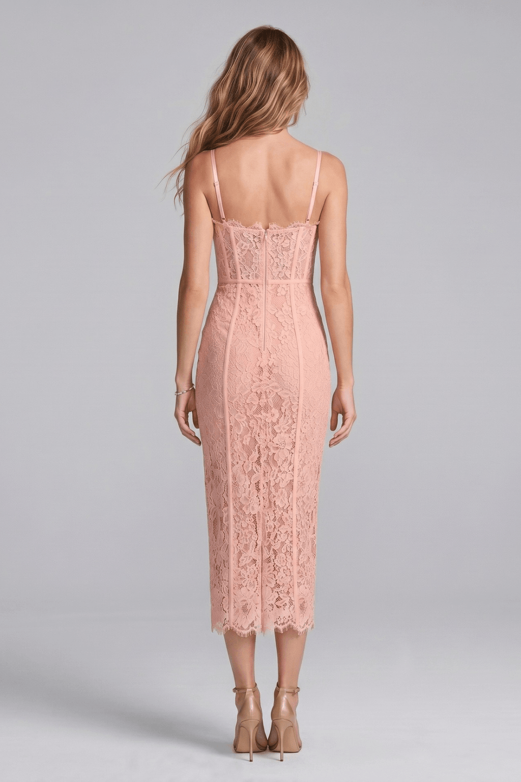 Ruby Pink Spaghetti Strap Lace Midi Dress Avalabel