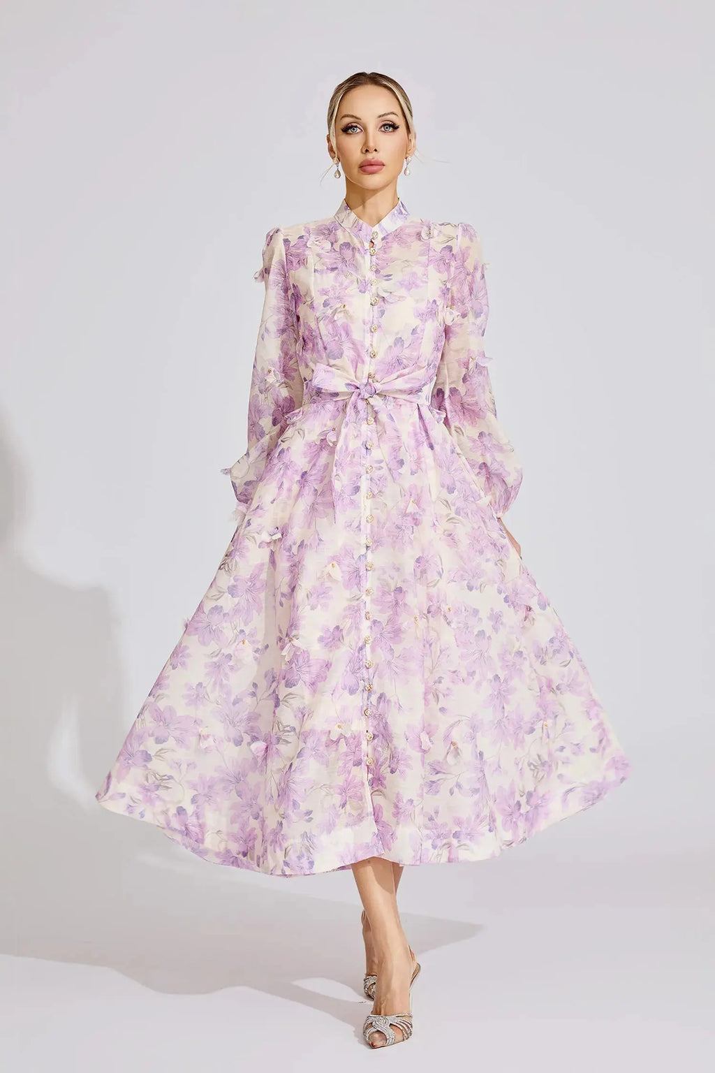 simona Floral print lantern sleeve Maxi Dress in purple Avalabel