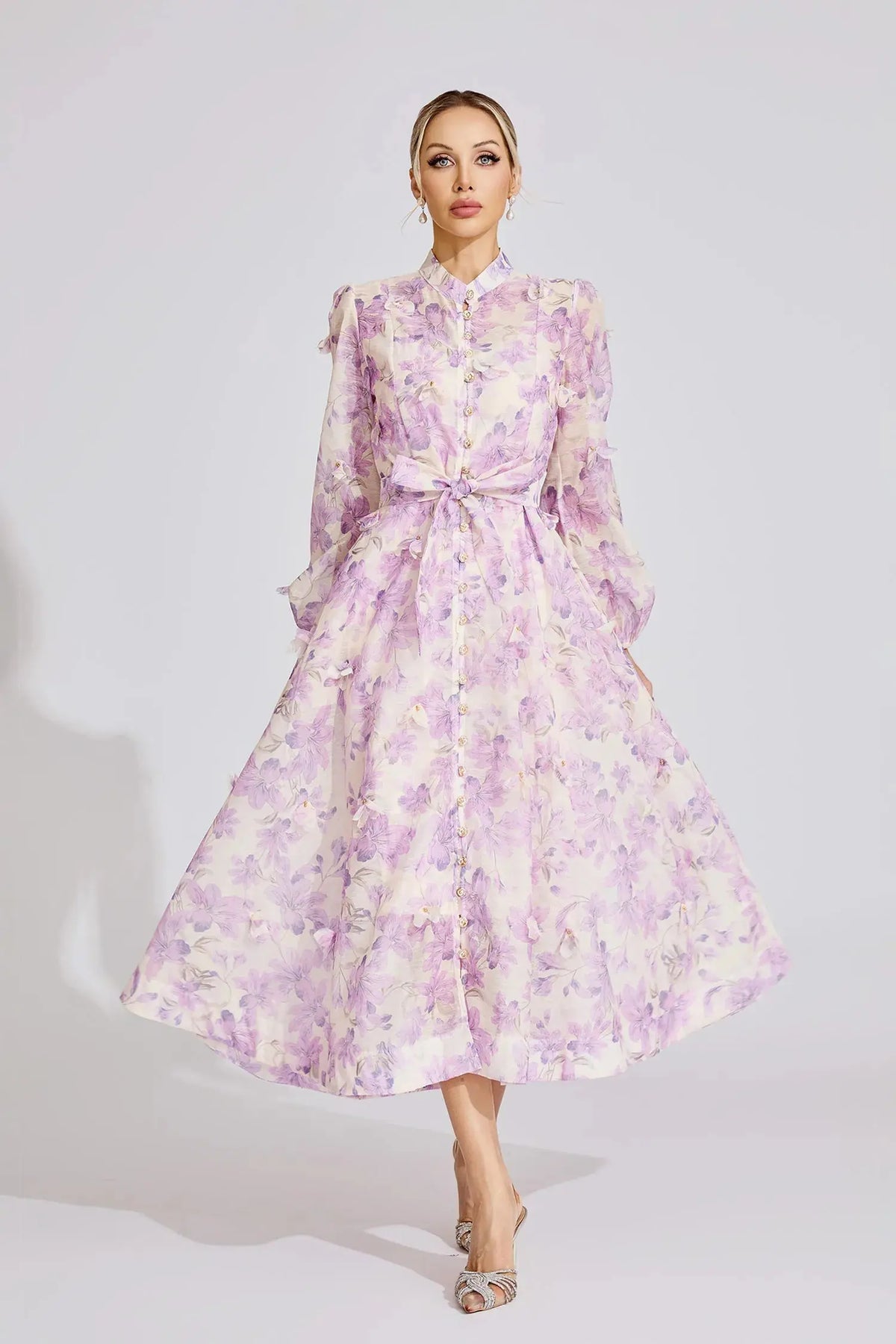simona Floral print lantern sleeve Maxi Dress in purple Avalabel
