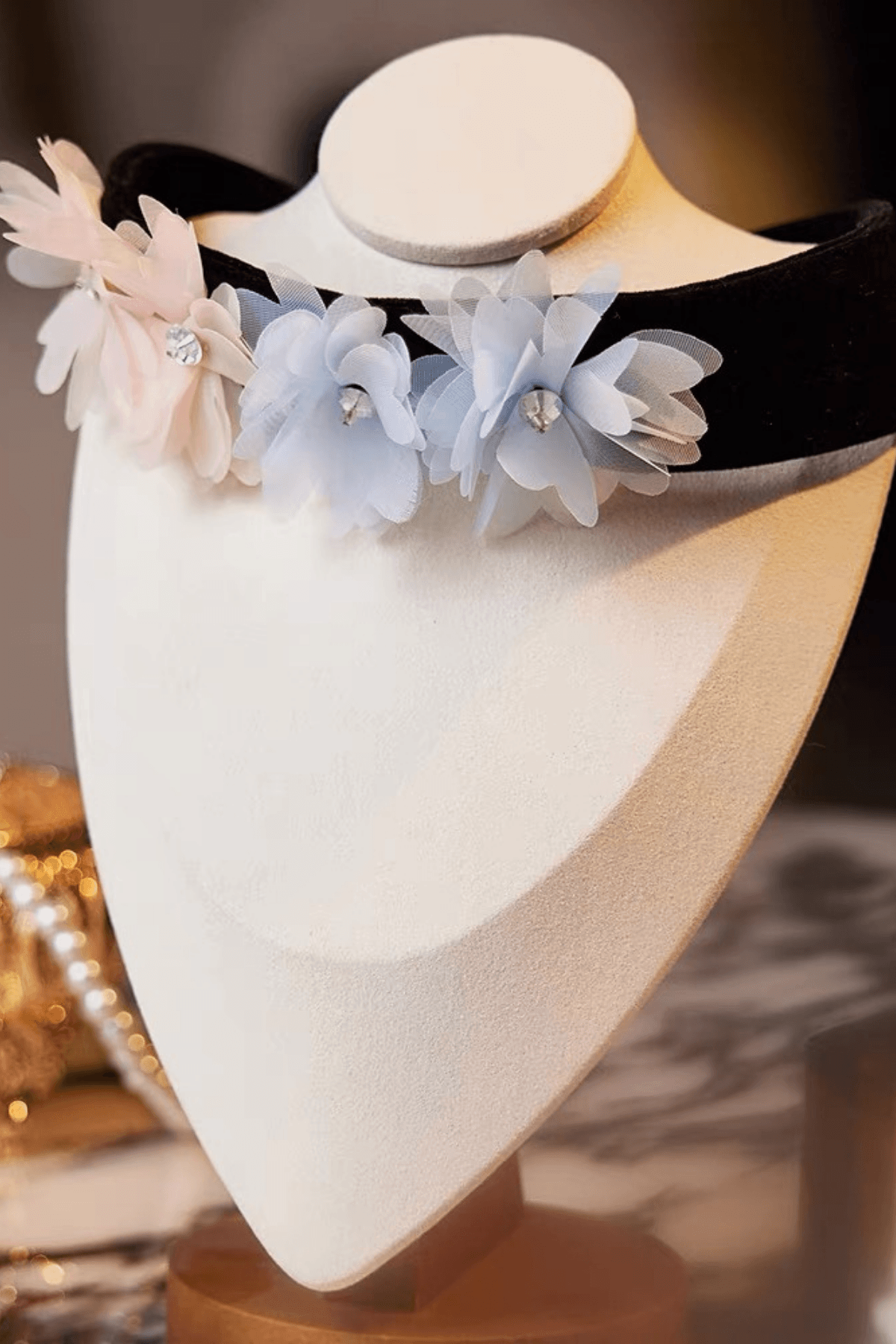 Black Velvet Pastel Fabric Flower Crystal Choker Necklace Avalabel