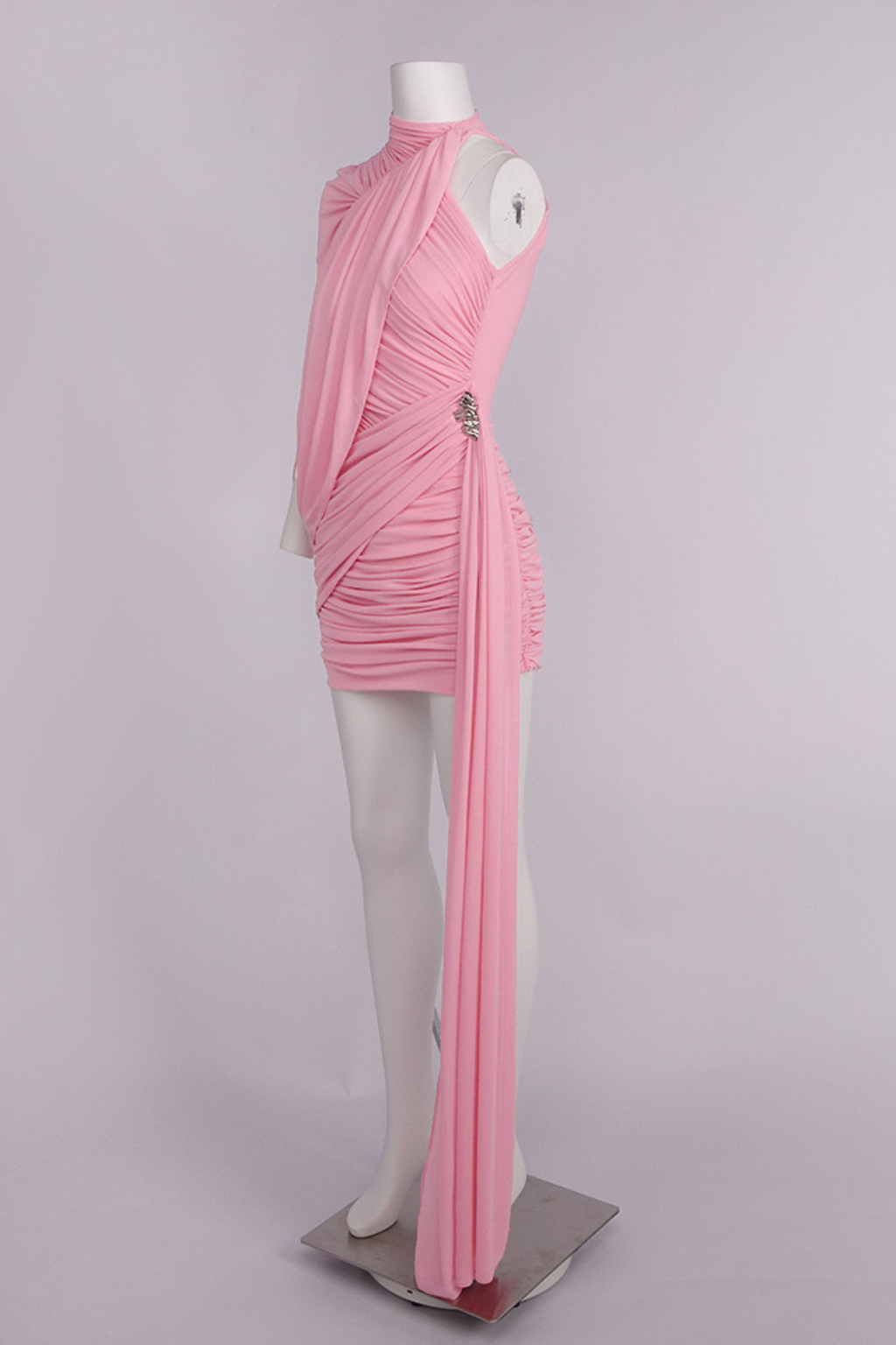 Serena One Shoulder Draped Pink Mesh Ruched Mini Dress Avalabel