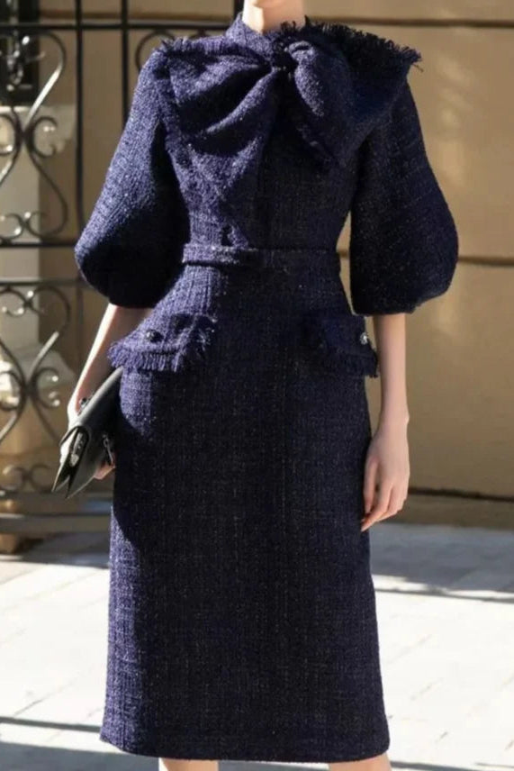 mildred Tweed bow collar midi dress in dark blue Avalabel