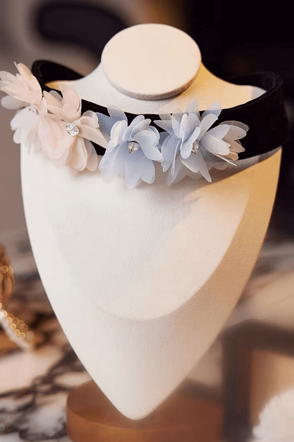 Black Velvet Pastel Fabric Flower Crystal Choker Necklace Avalabel