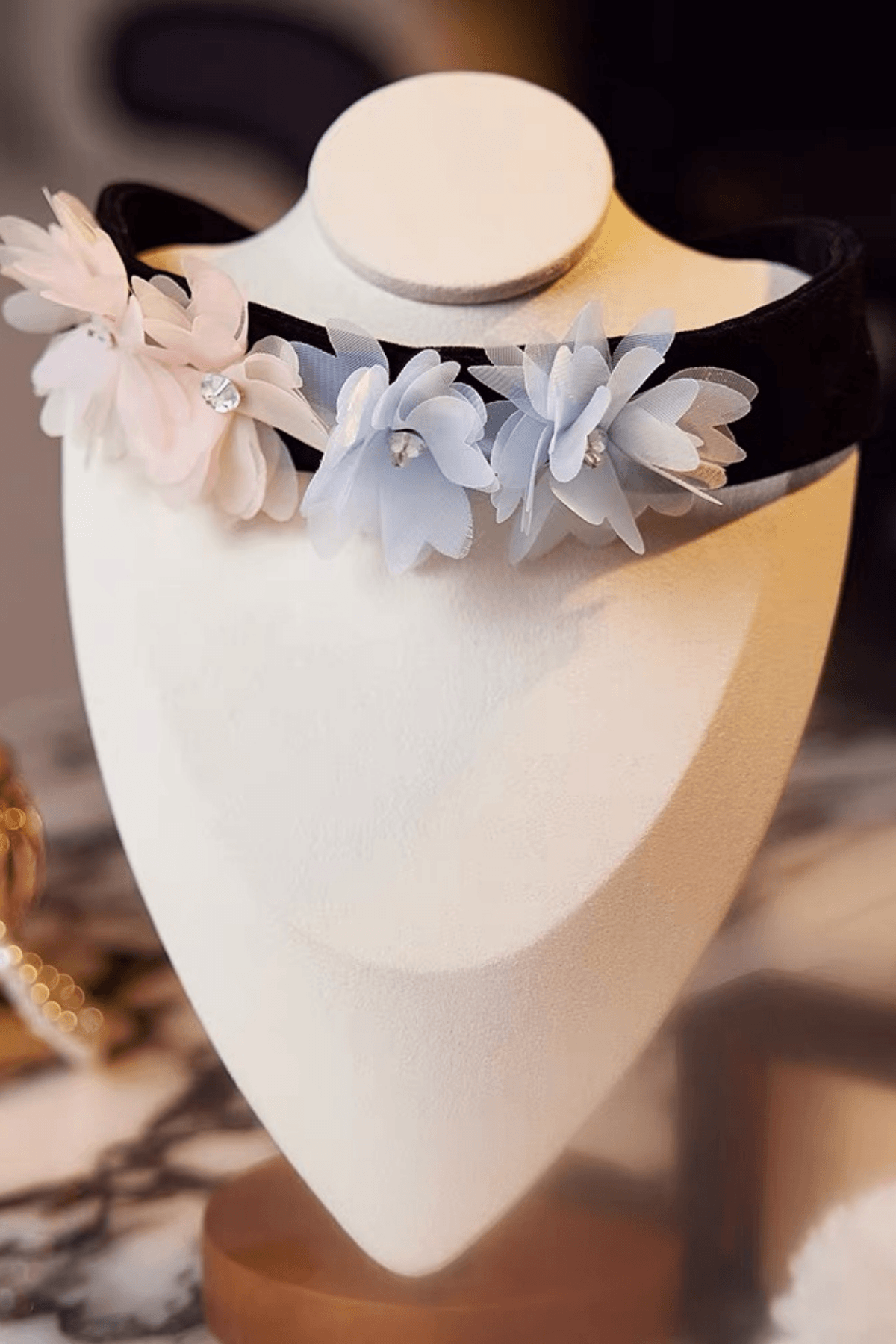 Black Velvet Pastel Fabric Flower Crystal Choker Necklace Avalabel