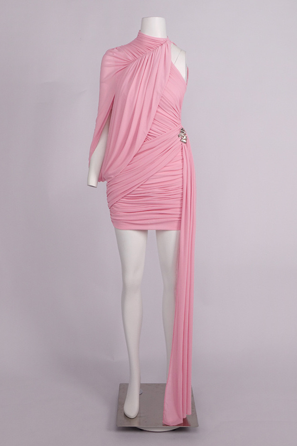 Serena One Shoulder Draped Pink Mesh Ruched Mini Dress Avalabel