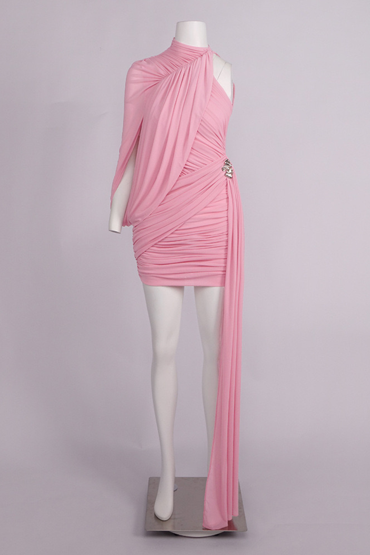 Serena One Shoulder Draped Pink Mesh Ruched Mini Dress Avalabel