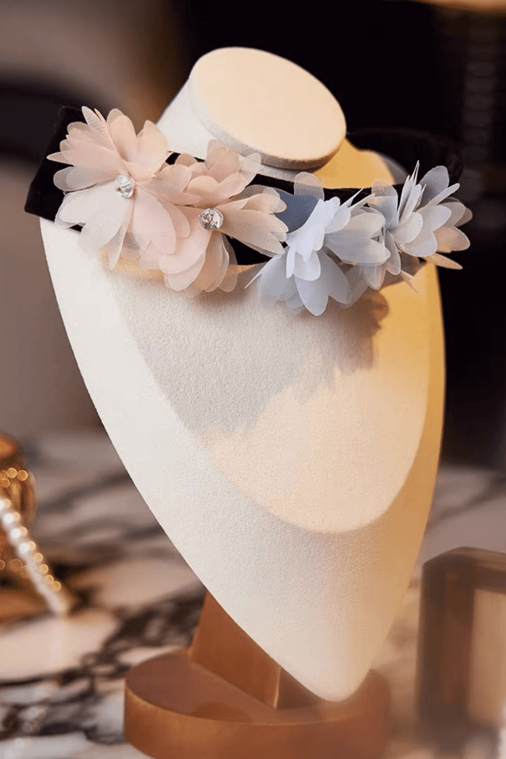 Black Velvet Pastel Fabric Flower Crystal Choker Necklace Avalabel
