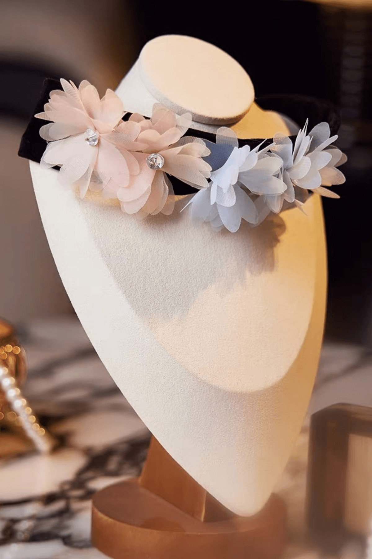 Black Velvet Pastel Fabric Flower Crystal Choker Necklace Avalabel