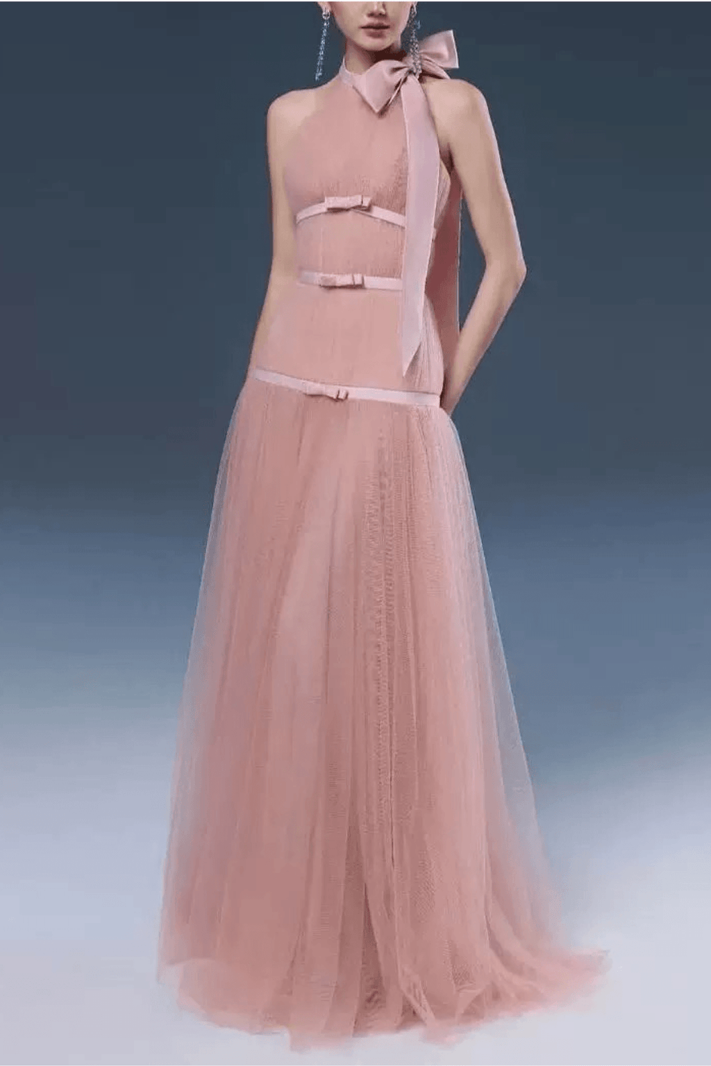 Zoe Pink Halter Bow Tulle Maxi Dress Avalabel