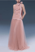 Zoe Pink Halter Bow Tulle Maxi Dress Avalabel