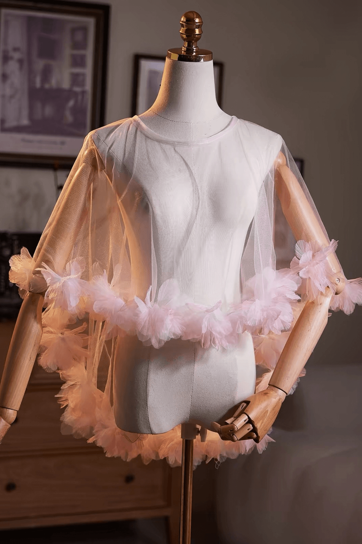 Pink 3D Floral Trim Sheer Tulle Shawl Avalabel