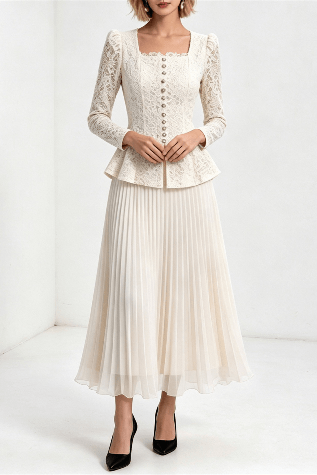 Lucy Lace Top and Pleated Skirt Two Piece Set Avalabel
