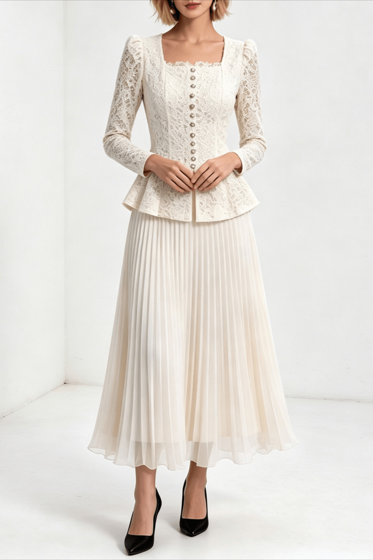 Lucy Lace Top and Pleated Skirt Two Piece Set Avalabel
