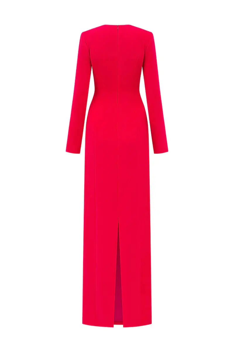 hilary red padded shoulder crystal embellished straight maxi dress Avalabel