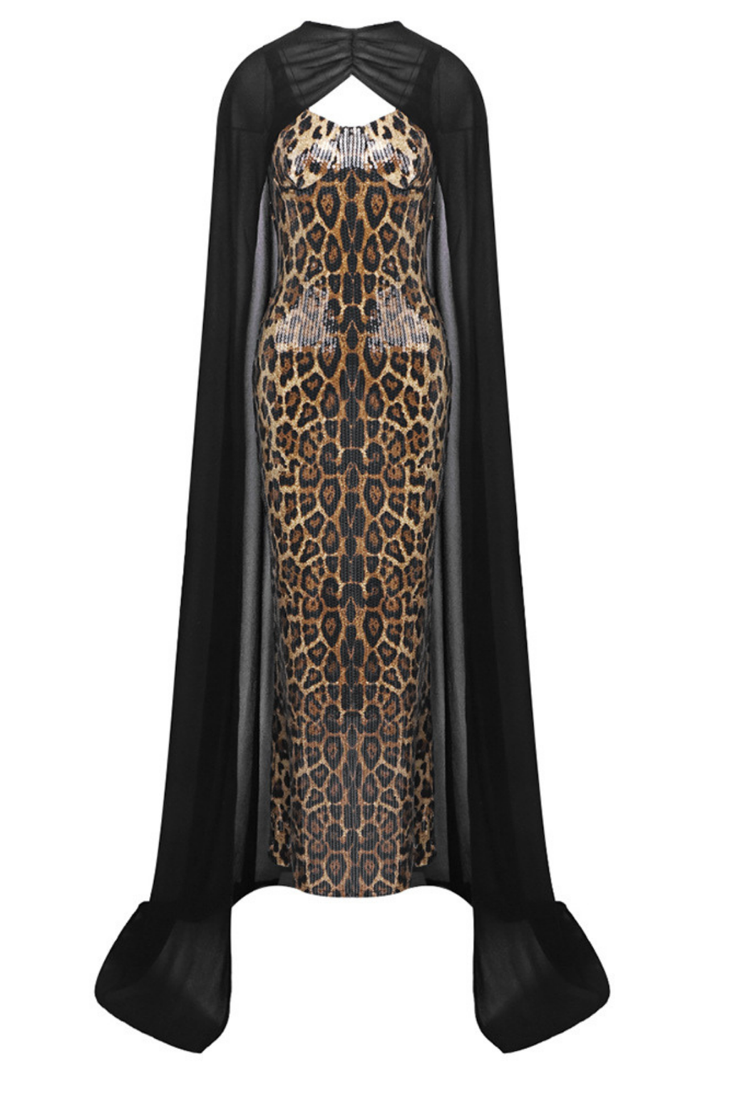 Olivia Leopard Print Sequin Gown with Black Sheer Cape Avalabel