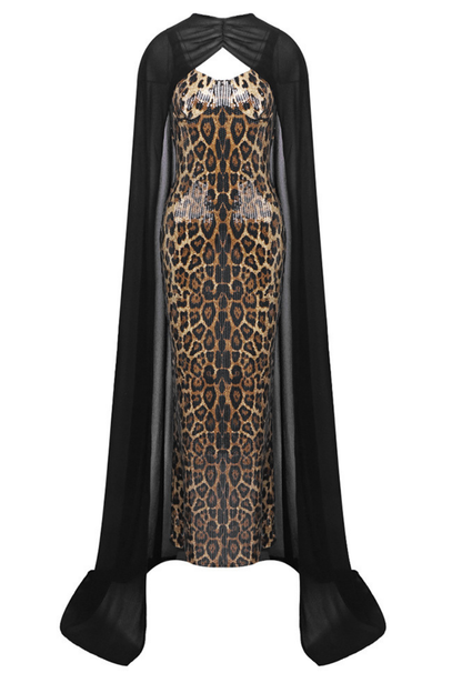 Olivia Leopard Print Sequin Gown with Black Sheer Cape