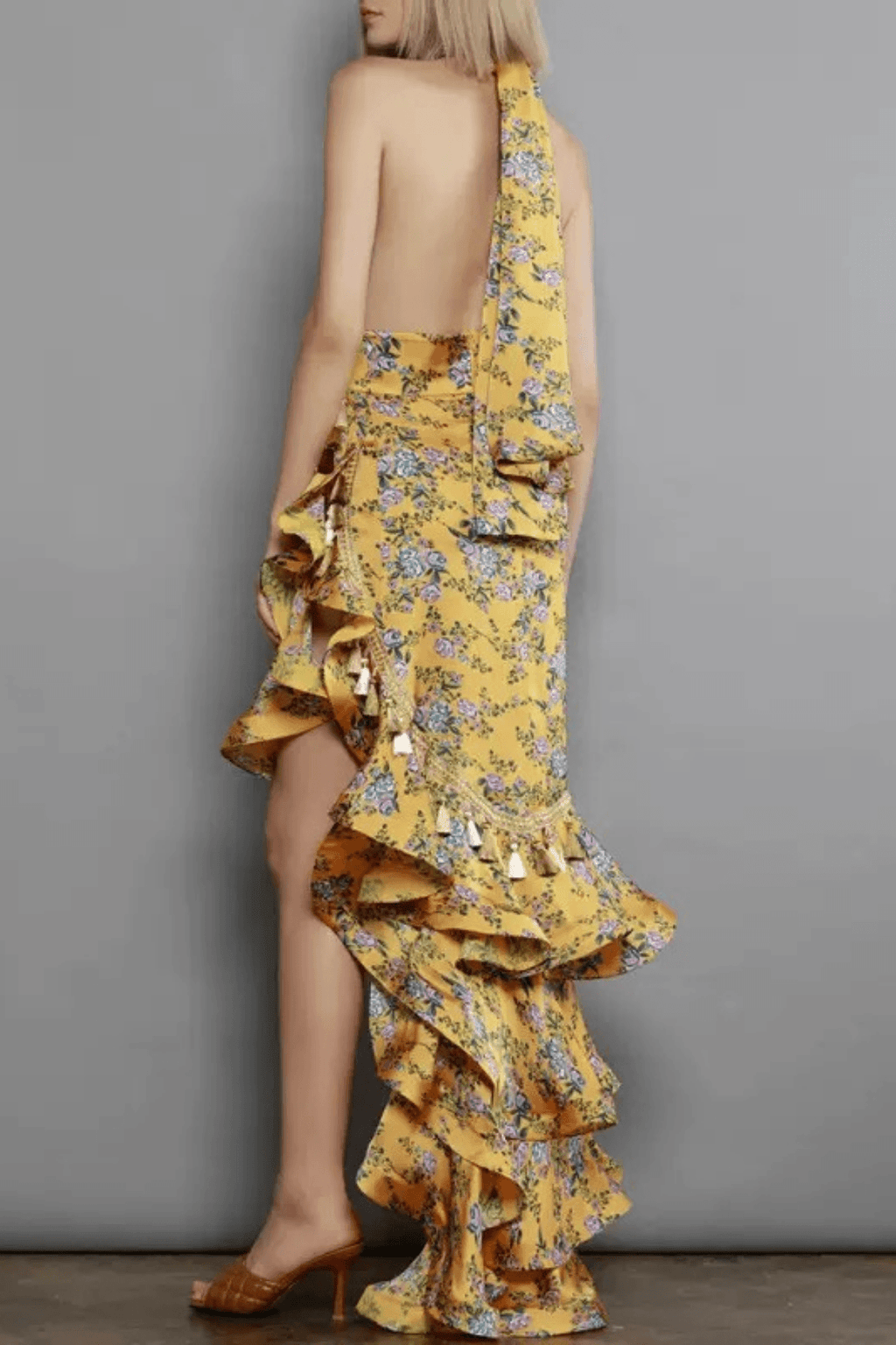 Tiffany Yellow Floral Halter Neck Ruffle Maxi Dress Avalabel