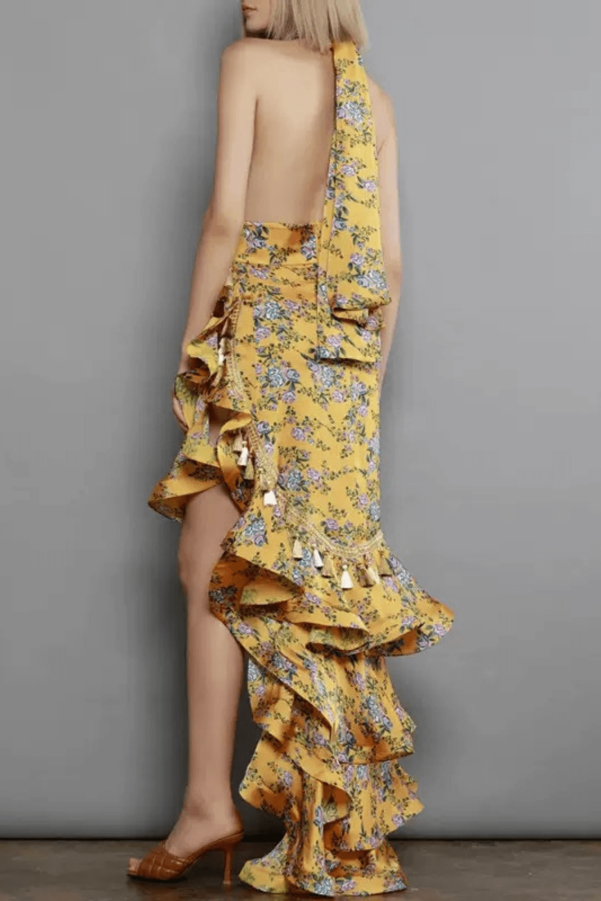 Tiffany Yellow Floral Halter Neck Ruffle Maxi Dress Avalabel