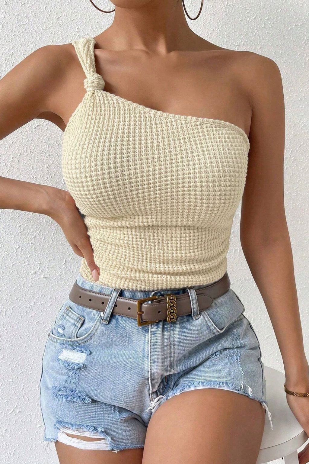 Laney Cream Waffle Textured One Shoulder Slim Fit Knit Cami Top Avalabel