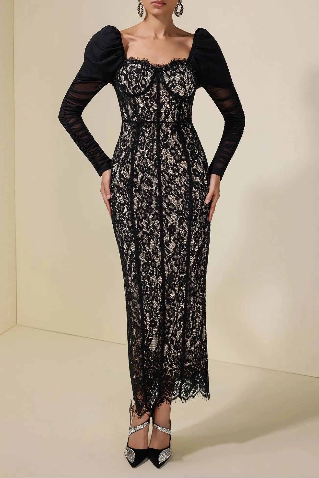 wendy Lace Splicing Mesh Puff Sleeve Midi Dress in black Avalabel