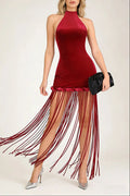michaelia halterneck Fringe Velvet Dress in Burgundy Avalabel