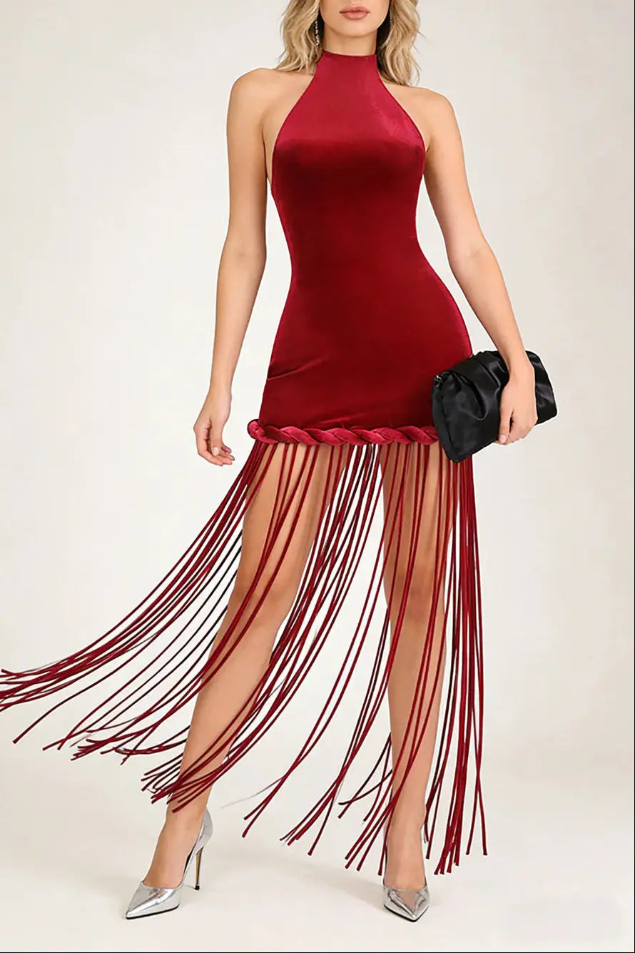 michaelia halterneck Fringe Velvet Dress in Burgundy Avalabel