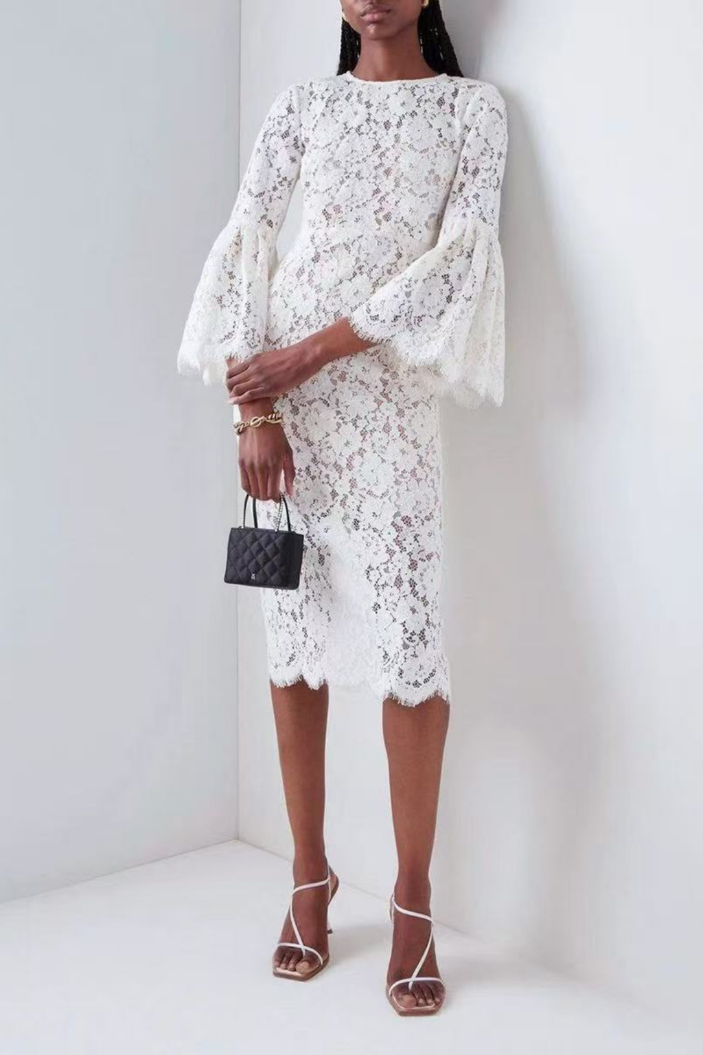 Olivia Elegant White Lace Midi Dress with Flare Sleeves Avalabel
