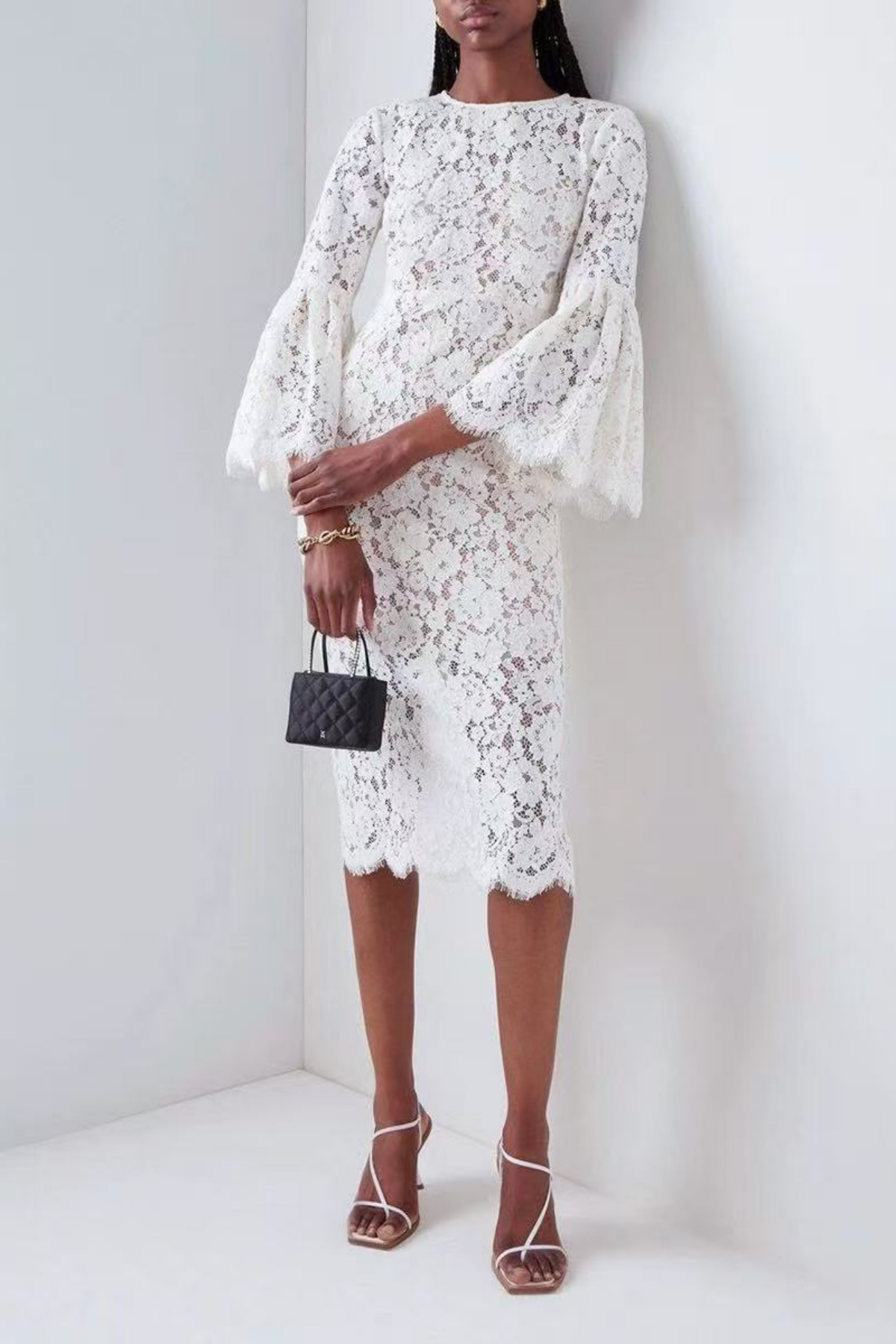 Olivia Elegant White Lace Midi Dress with Flare Sleeves Avalabel