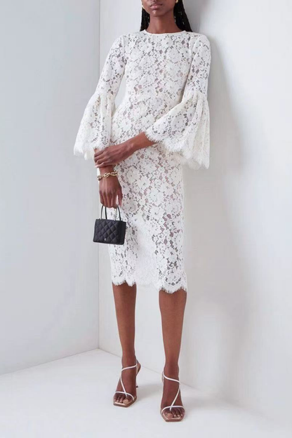 Olivia Elegant White Lace Midi Dress with Flare Sleeves