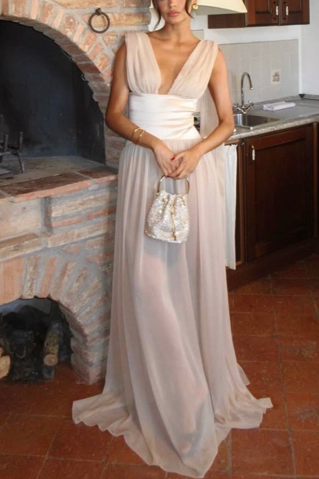 Lila Sleeveless Deep V Satin Waist Chiffon Flowy Maxi Dress Avalabel
